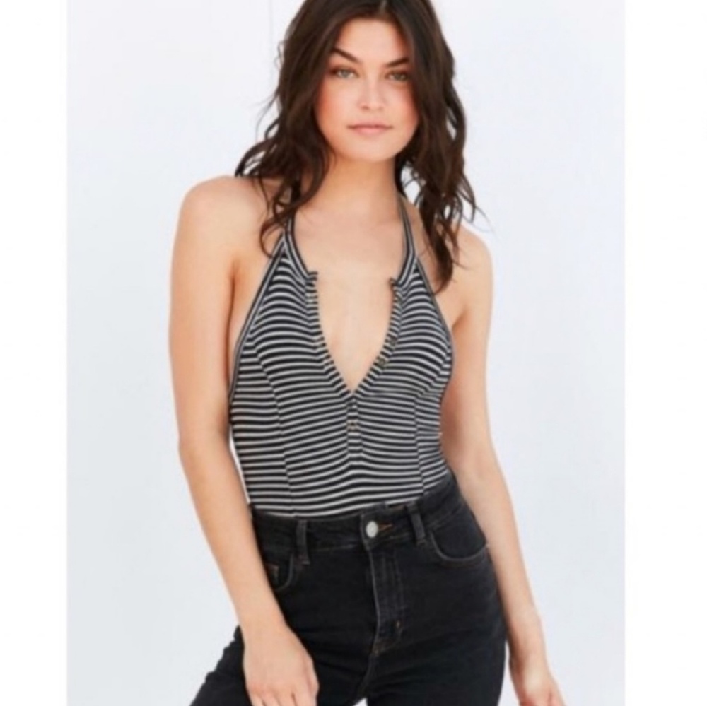 UO Out From Under Striped Ribbed Halter Bodysuit